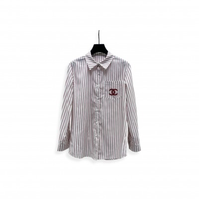 CHANEL RED STRIPED EMBROIDERED LOGO BLOUSE SHIRT 